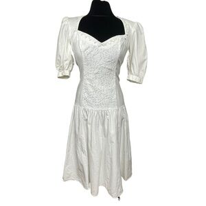 Gunne Sax by Jessica McClintock Vintage White Drop Waist Puff Sleeve Dress, 11